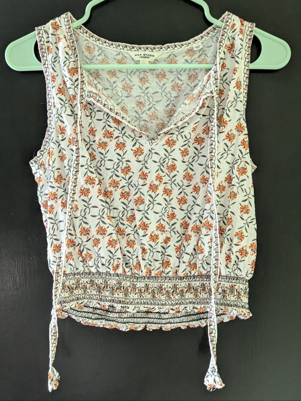 Max Studio Cream Floral V-Neck Smocked-Hem Camisole
